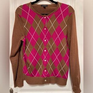 Lands’ End Argyle Cardigan Sweater Brown & Pink Preppy Grandpacore Office Medium